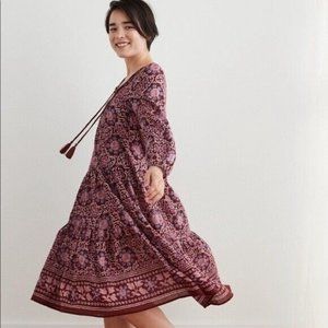 Aerie Womens Indian Floral Midi Dress Sz S Long Sleeve Tiered Boho Festival